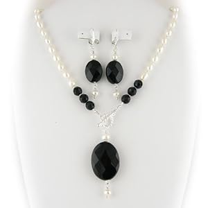 Faceted Black Onyx Gemstone Pendant and Pearl Lariat�Necklace Earrings ne972