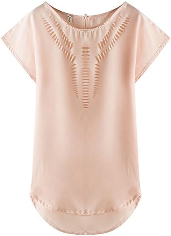 HQS Women's Carved Hollow Short Sleeve Chiffon T-shirt Blouse Tops (Large, Nude Color)