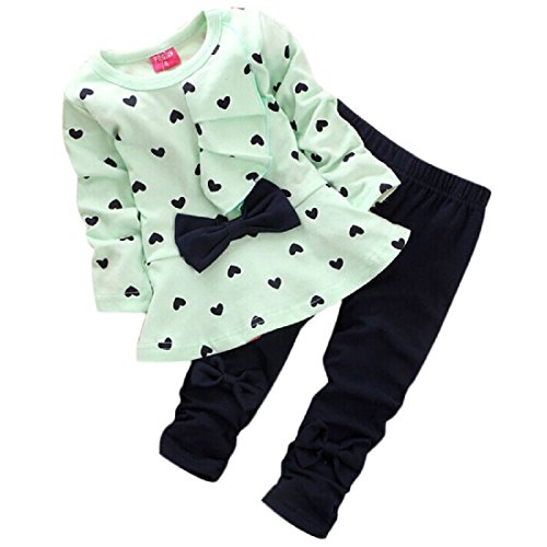 Shensee Baby Girl Sets Heart-shaped Print Bow Cute 2PCS Kids Set T shirt + Pants