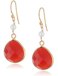 Faceted Gemstone Heart Shape Bezel with White Freshwater Cultured Pearl and Gold over Silver Ear Wire Drop Earrings