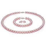 UniquePearl 14K Yellow Gold 7-7.5mm Pink Freshwater Cultured Pearl 3-Piece Set AA+ Quality Pearls, 18 Inch Necklace, 7 Inch Bracelet