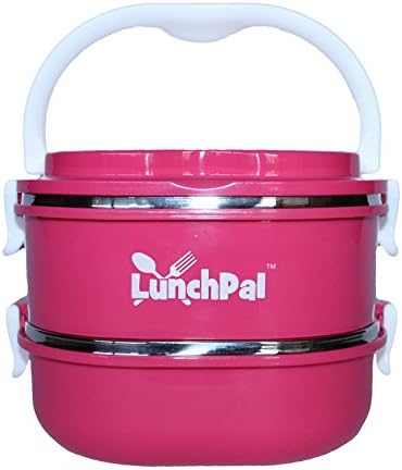 LunchPal®Stacking Lunch Box - Square Two Tier Tiffin with Vacuum Seal Lid and Stainless Steel Interior (Pink)