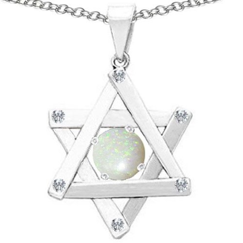 CandyGem 925 Sterling Silver Lab Created Round Opal Star of David Magen David Judaica Pendant