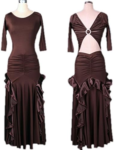 FERE8890 Women's Dancewear Competition Dancing Latin Practice Long Floor Backless Dress Brown XXL