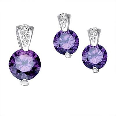 Sterling Silver Drop Down Circle With Center Amethyst CZ Pendant Earrings Set