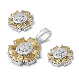 Sterling Silver & Yellow Topaz CZ Tribal Islander Sun Earring & Pendant Set