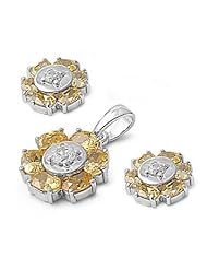 Sterling Silver Nature Flower Pendant with Earrings Jewelry Set with Yellow Topaz and Clear CZ