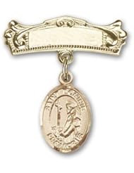 Gold Filled Baby Badge with St. Dominic De Guzman Charm and Arched Polished Badge Pin. Catholic Saint Dominic De Guzman Patron Saint of Astronomers, Astronomy, Falsely Accused, Scientists