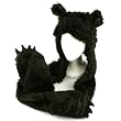 Winter Faux Fake Fuzzy Animal Fur Scarf Trapper Hat with Paws Gloves Mittens Black