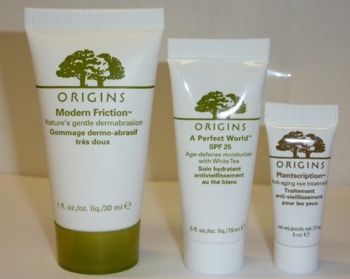 Origins travel kit/ set: Mordern Friction Nature's gentle dermabrassion 30ml+ A Perfect World SPF 25 Age-defense moisturizer with White Tea 15ml+ Planscription Anti-aging eye treatment 5ml