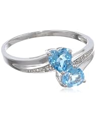 Double Heart-Shaped Blue Topaz and Diamond Birthstone Ring in Sterling Silver