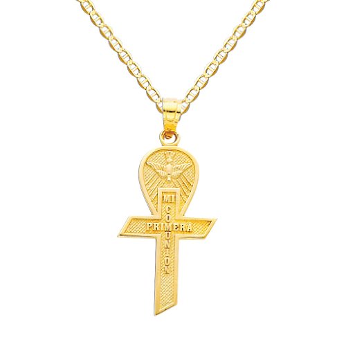 14K Yellow Gold Religious Cross Charm Pendant with Yellow Gold 1.5mm Flat Mariner Chain Necklace with Spring Clasp - Pendant Necklace Combination (Different Chain Lengths Available)