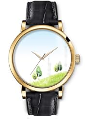 SPRAWL Aanalog Fashion Series Gold Ladies Watches of Genuine Black Leather Strap,Unique Wrist Watch for Women Girls Designed with Trees and Towers