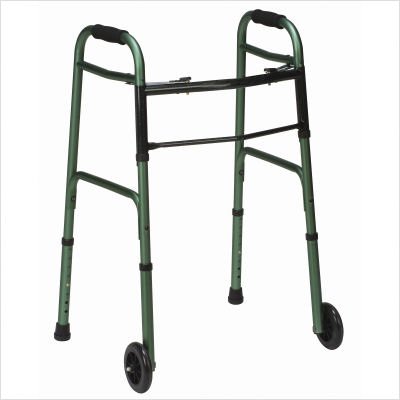 Duro-Med 2-Button Adjustable Aluminum Folding Walker with 5 Inch Wheels, Black