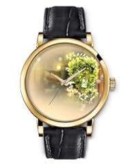 SPRAWL Aanalog Fashion Series Gold Ladies Watches of Genuine Black Leather Strap,Unique Wrist Watch for Women Girls Designed with Potted green leaves