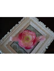 Must Have Pink and Cream Rosette Adorned with Light Pink Swarovski Crystals Center Attached to Soft Stretchy Pink Headband Fits Baby up to Young Girl