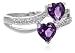 10k White Gold Double Heart-Shaped Amethyst with Diamond Heart Ring