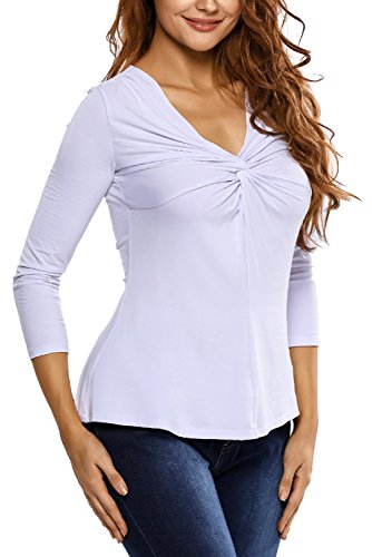 Alvaq Women's Twist Front Sleeved V Neck Casual Slim T Shirt Blouses Tops