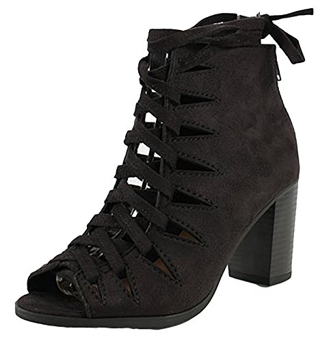 Delicious Women's Hewitt Faux Suede Lace Up Thick Crisscross Lace Stacked Heel Ankle Bootie