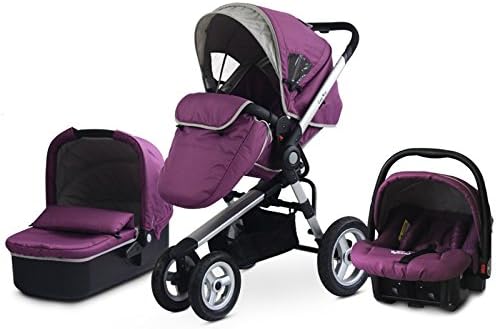 Aluminum Frame Baby Stroller 3 in 1,Pushchair+Sleeping Basket+Car Seat,Use 4 Pneumatic Wheels. (Purple)
