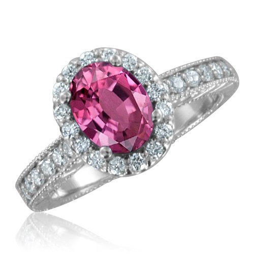 Vintage Inspired Natural Pink Sapphire Diamond Engagement Ring in Platinum Halo Ring (G, SI1, 2.09 cttw), 8x6mm, Certificate of Authenticity