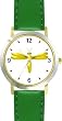 Yellow Dragonfly or Dragon Fly - JP - WATCHBUDDY&reg; DELUXE TWO-TONE THEME WATCH - Arabic Numbers - Green Leather Strap-Size-Women's Size-Small