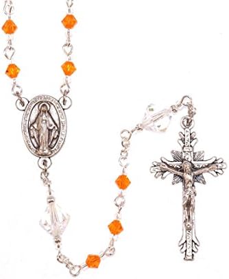 Heirloom Quality Immaculate Conception Blessed Virgin Mary Miraculous Medal Vintage Design Pendant Rosary with 4mm Diamond Shaped Orange Crystal and Capped Diamond Shaped White Clear Crystal Our Father Beads with Silver Toned Ornate Crucifix Gift Boxed