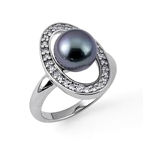 Tahitian Black Pearl Ring with Diamonds in 14K White Gold by