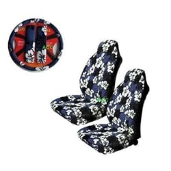Universal-fit Hawaiian Hibiscus Floral Print Front Bucket Seat Cover, Steering Wheel Cover and Shoulder Harness Pressure Relief Cover - Blue