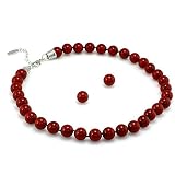 Classic Pearl Necklace; 18"L with 3"L extension; 12mm glass pearl beads; Matching post earrings; Red;