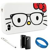 White Nerdy Glasses Hello Kitty Snug Fit Soft Silicone Skin Protector Case for Newest Apple iPhone 4S Latest Generation (16GB, 32GB) iPhone 4th Generation Compatible with AT&T Verizon Sprint iPhone 4S + Privacy Screen Protector + White Stylus Pen with Laser Pointer and LED Light + SumacLife TM Wisdom*Courage Wristband
