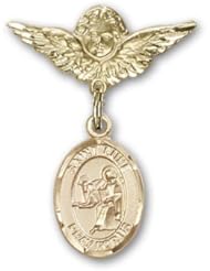 Gold Filled Baby Badge with St. Luke the Apostle Charm and Angel with Wings Badge Pin