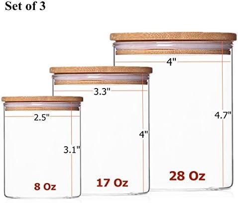 Nuliah® Clear Glass Jar Set of 3 with Bamboo Lids and Silicone Ring Seal, Cookie Candy Spice Tea Storage, Short Set