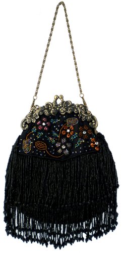 Vintage Flowers Seed Bead Flapper Clutch Evening Handbag, Clasp Purse w/Hidden Chain