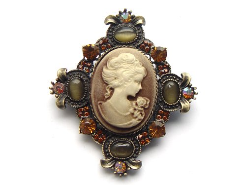 Vintage Victorian Inspired Topaz Cat Eye Cameo Maid Profile Pendant Pin Brooch