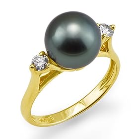 Tahitian Black Pearl Ring with Diamonds in 14K Yellow Gold by