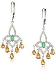 Sterling Silver Emerald, Orange Sapphire and Diamond Dangle Earrings