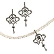 Fleur-de-lis Silver Natural Seed Pearl Pendant Necklace & Chandelier Earrings Sapphire Set - Dahlia Vintage Collection
