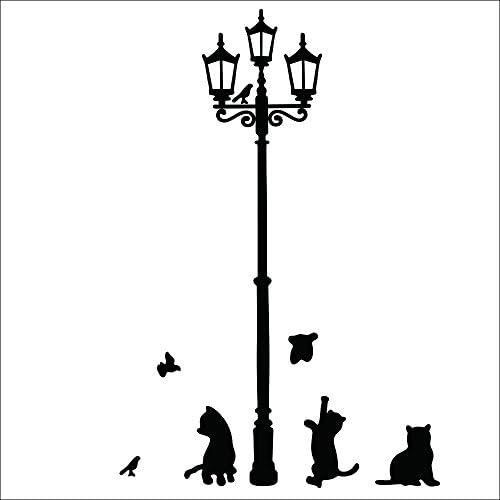 Playful Cats and Romantic Lamppost, DIY Wall Decor, Cat & Bird Wall Decal, Street Lamp Sticker By LaceDecaL