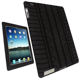 iGadgitz Black Silicone Skin Case Cover with Tire Tread Design for Apple iPad 2 + Screen Protector by