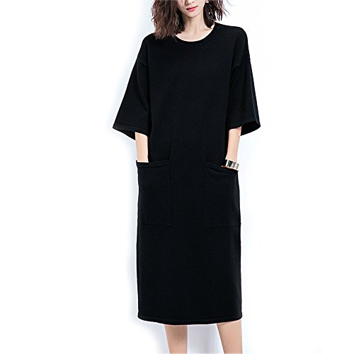 Exlura ニットワンピース 超弾力 レディースワンピース 秋冬新品ロングニットワンピ ラウンドネック カシミヤタッチ ウォーシャブル半袖着回し 体型カバー