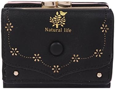 Women Faux Leather Press Button Kiss Lock Mini Purse Short Wallet Card Holder (Black)