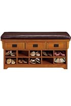 Craftsman 42"w Storage Bench With Open Shoe Storage Brown Leather, BROWN LEATHER, DARK OAK