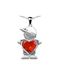 Original Star K (tm) Little Boy Holding 8mm Heart Mother Birthstone Pendant with Simulated Mexican Fire Opal in .925 Sterling Silver