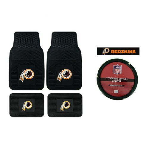 A Set of 4 Universal-Fit NFL All Weather Vinyl Floor Mats and a Comfort Grip Steering Wheel Cover - Washington Redskins