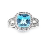 14k Gold Split Shank Ring with 0.50ct of diamonds and holds a 9mm Cushion Checkerboard Blue Topaz Center