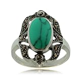 Turquoise Ring W/ Marcasite Sterling Silver Oval Bezel