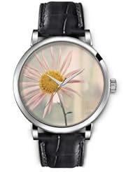 SPRAWL Aanalog Fashion Series Silver Ladies Watches of Genuine Black Leather Strap,Unique Wrist Watch for Women Girls Designed with daisy withers