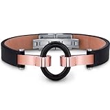 Mens Stainless Steel and Leather Bracelet with Black Ring and Rose-Gold Accents Free Shipping