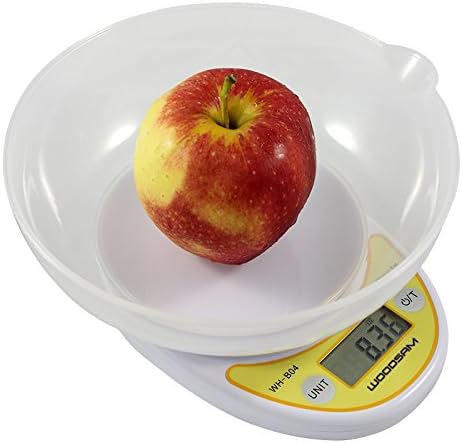 Kitchen Scale, Woodsam (TM) Digital Electronic White and Yellow Food or Postal Scale with 11lb/5kg Capacity, Convertible Units, and Bowl